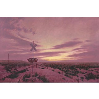 Crossing by Mark Harrison | Oil on linen Landscape with a railroad crossing at sunset For Sale