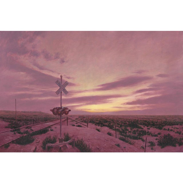 Crossing by Mark Harrison | Oil on linen Landscape with a railroad crossing at sunset For Sale