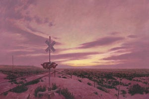 Crossing by Mark Harrison | Oil on linen Landscape with a railroad crossing at sunset