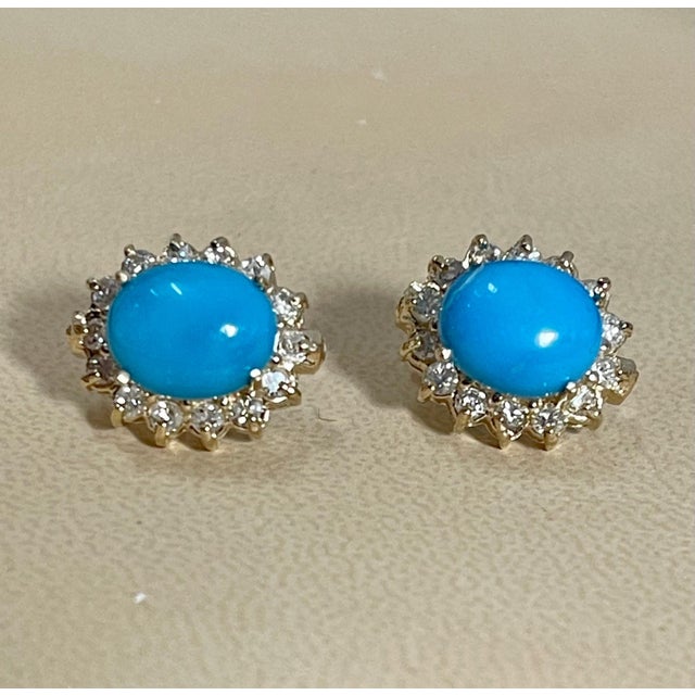 Gemstone 8 Ct Oval Sleeping Beauty Turquoise 1.5ct Diamond Stud Earrings 14 K Yellow Gold For Sale - Image 7 of 18