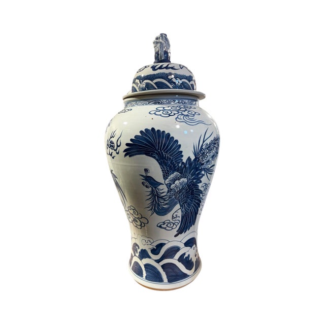 Vintage Large Chinoiserie Blue& White Porcelain Ginger Jar Dragon & Phoenix 36" H For Sale In New York - Image 6 of 11