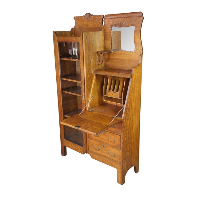 Art Nouveau Antique Quartersawn Oak Side by Side Secretary Desk Bookcase Curio Cabinet For Sale - Image 3 of 12