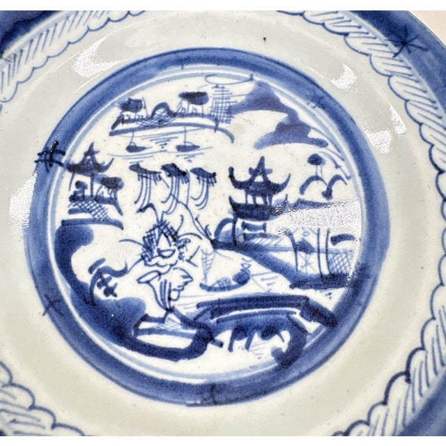 Pair of 19th Century Chinese Export "Canton" Blue & White Shallow Bowls, 8.75" Elevate your Chinoiserie collection with...