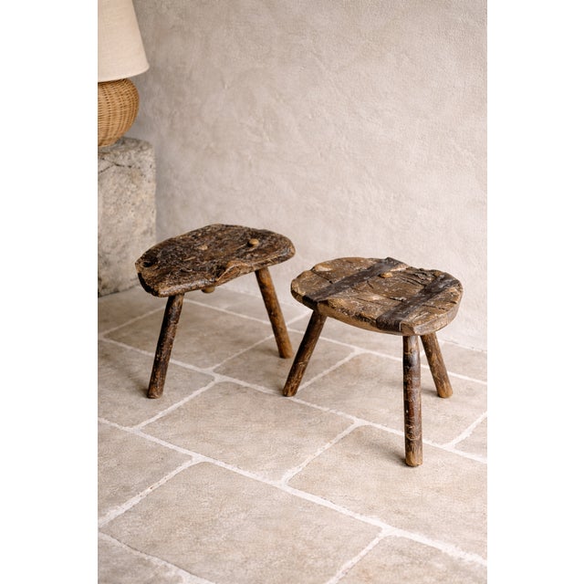 A striking pair of hand-carved wooden stools with a raw, sculptural presence. Each piece is carved from solid wood,...