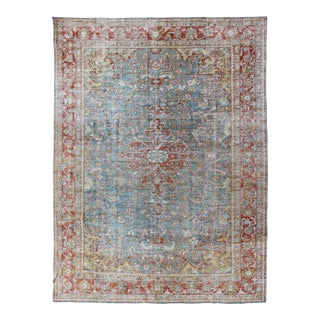 Antique Persian Distressed Mahal Rug With Medallion in Light Blue, Red, Green For Sale