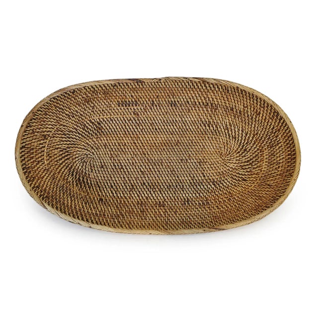 Boho Chic Vintage Boho Javanese Tea Stained Rattan Oval Plate For Sale - Image 3 of 5