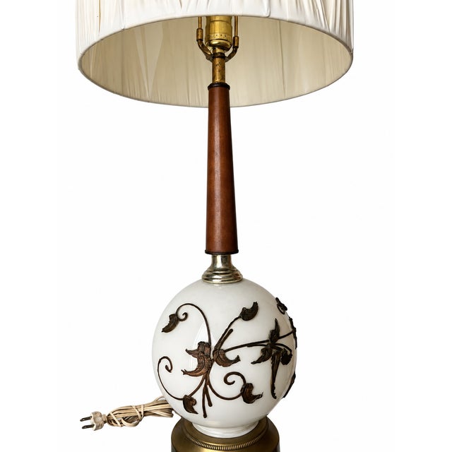 Vintage Ivory Globe Table Lamp With Raised Botanical Vines and Tall Gathered Shade For Sale - Image 4 of 12