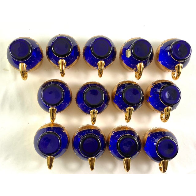 Metal Early 20th Century Bohemian-Hand Blown and Cut, Cobalt Blue, 24 Karat Gold Encrusted Punch Bowl Set- With Enameled Three Dimensional Flowers - 15pcs For Sale - Image 7 of 11