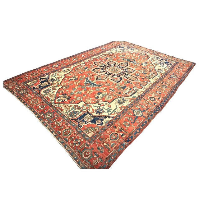 Persian Antique Persian Serapi 10x15 Rust & Navy Handmade Area Rug #1140796 For Sale - Image 3 of 14