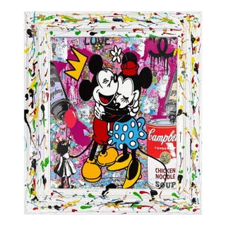 Jozza, Hold Me Tight, Unique Mixed Media on Canvas With Painted Frame, Mickey Minnie For Sale