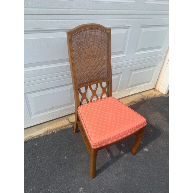 Set of 8 Vintage Cane Back Dining Chairs With Coral Upholstery, Mid-Century Regency Style For Sale - Image 4 of 7