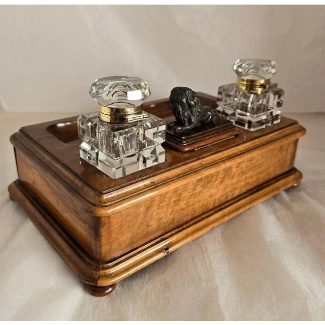 19th Century Olive Wood Twin Inkwell Standish with Bronze Lion Dog For Sale - Image 16 of 18