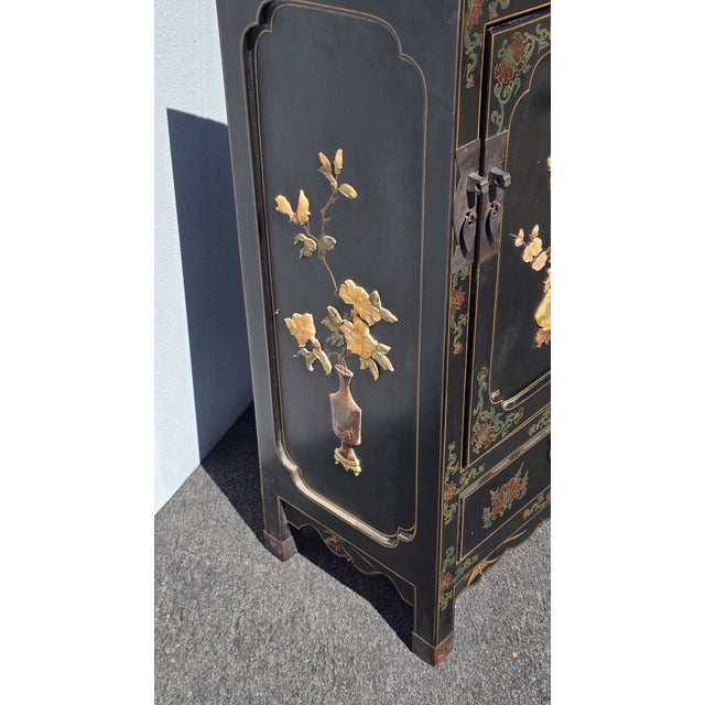 Wood Vintage Chinese Asian Black Lacquer Chinoiserie Cabinet Storage Side Table #1of2 For Sale - Image 7 of 18