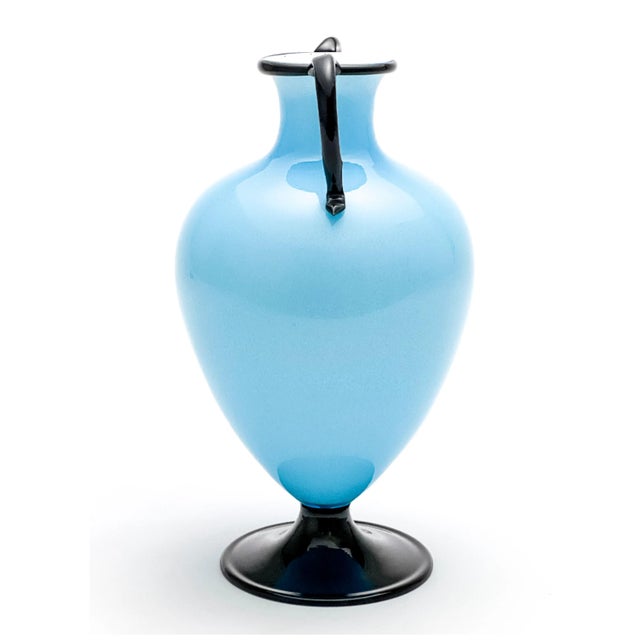 Vintage Italian Murano Blue Incamiciato Glass Vase (c. 1936) glass with black foot and handles. No maker's marks.