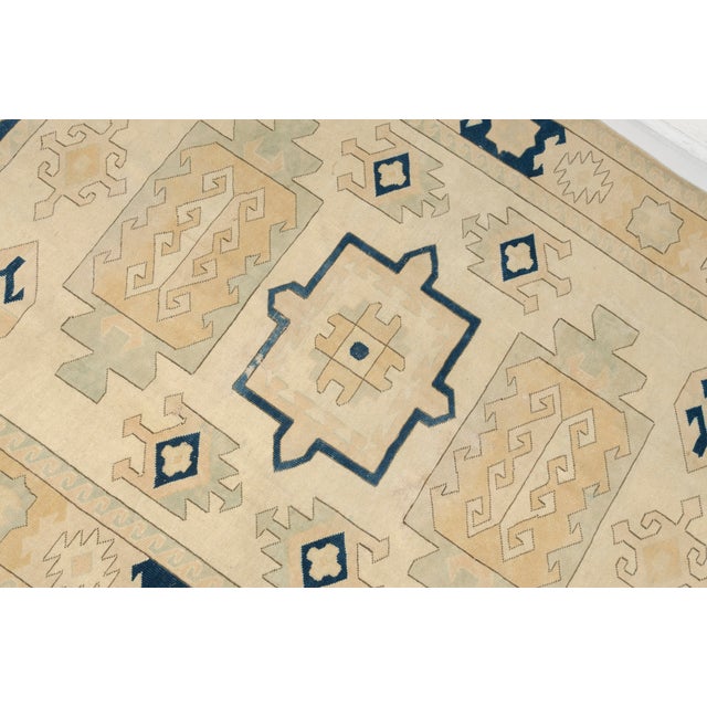 Textile Vintage Turkish Area Rug, 9'0" X 6'6" Hand-Knotted Geometric Oushak Carpet, Cream and Blue Decorative Wool and Cotton Blend Rug For Sale - Image 7 of 10