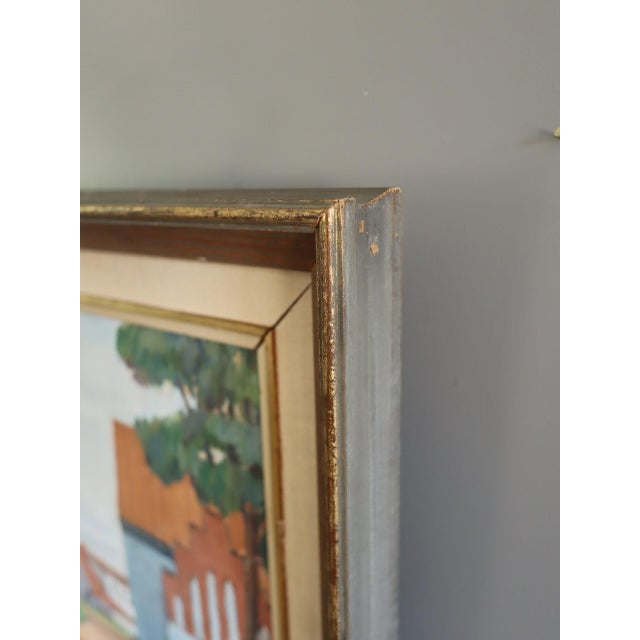 Red Mid-Century Modern 'Red Roofs' Vintage Swedish Town Landscape Oil Painting, Framed For Sale - Image 8 of 12