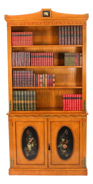 Vintage English Sheraton Revival Satin Wood Open Bookcase