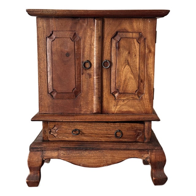 Vintage Balinese Hand Carved Hardwood Jewelry Armoire Cabinet For Sale
