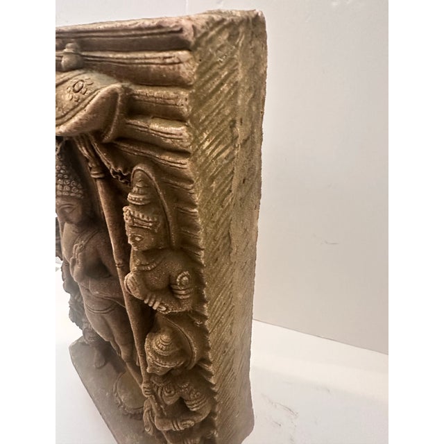 Taupe Stone Relief Sculpture of Buddha With Attendants For Sale - Image 8 of 11