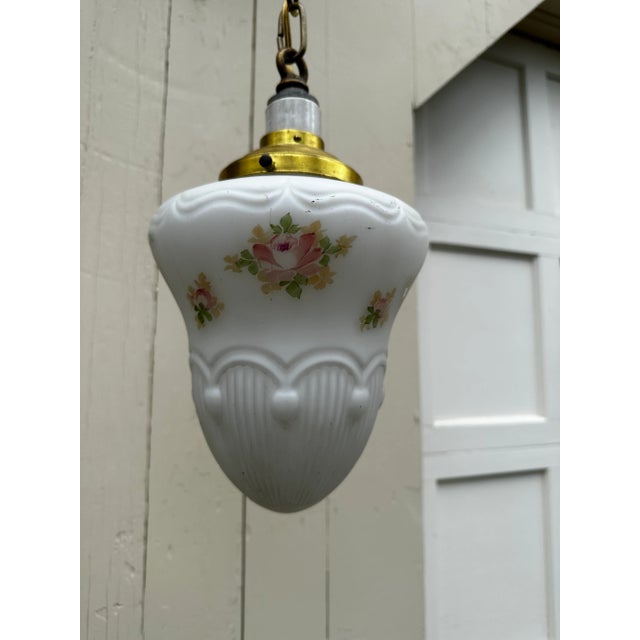 Metal Vintage Brass Hanging Fixture With Vintage Shade For Sale - Image 7 of 7