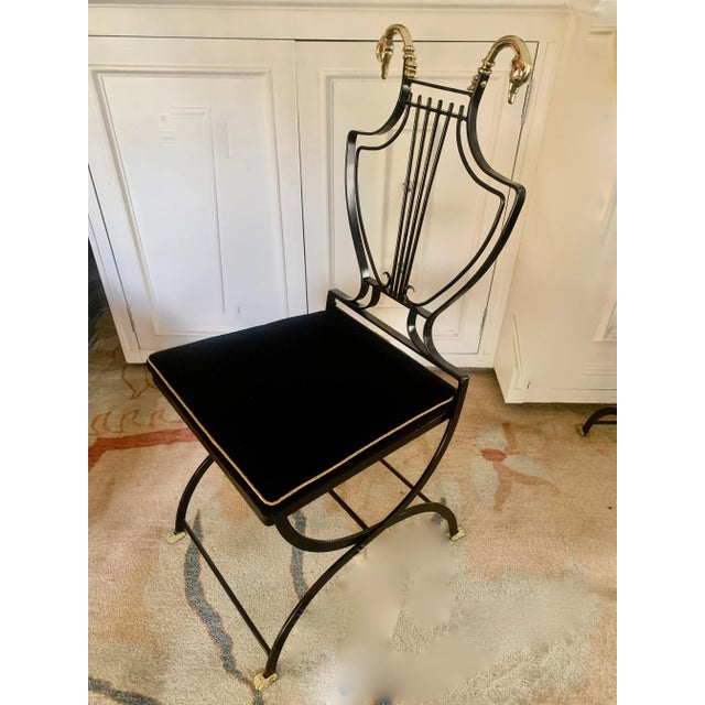 Metal Maison Jansen Brass Swan and Black Lyre Back Folding Chairs with Claw feet - Set of 6 For Sale - Image 7 of 13