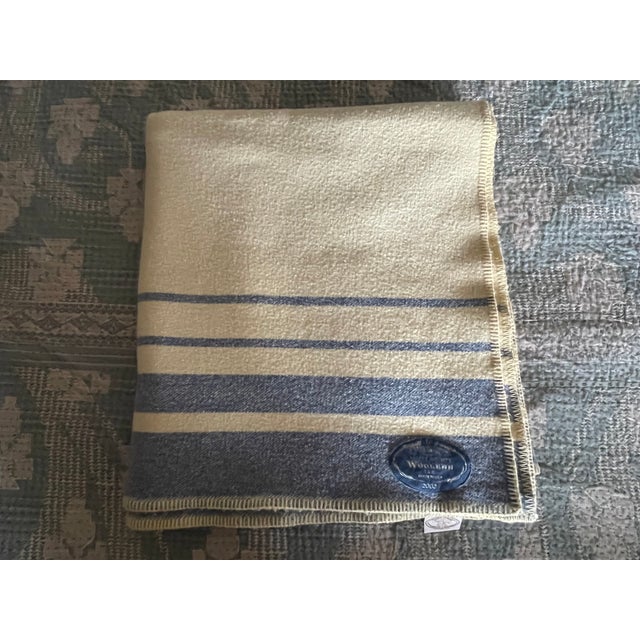 Vintage Routt Co Woolen Mills Queen Size Yellow Blue Stripe Blanket - 82" X 94" For Sale - Image 4 of 7