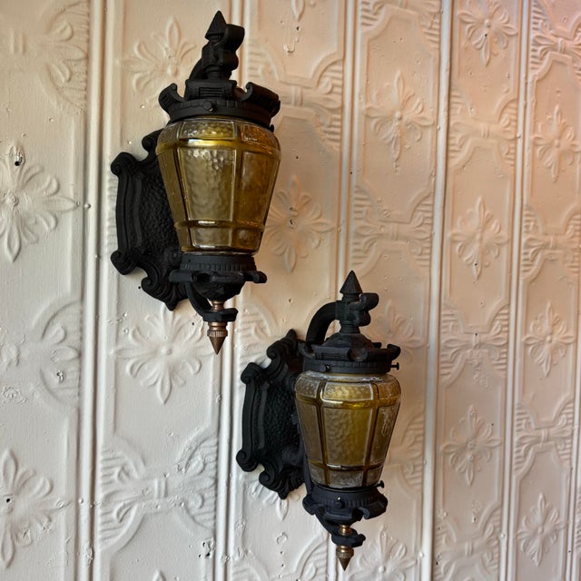 Art Deco Rare Vintage Hammered Amber Glass Lanterns – Matching Set of Three (Hanging Pendant & Pair of Wall Sconces) For Sale - Image 3 of 6