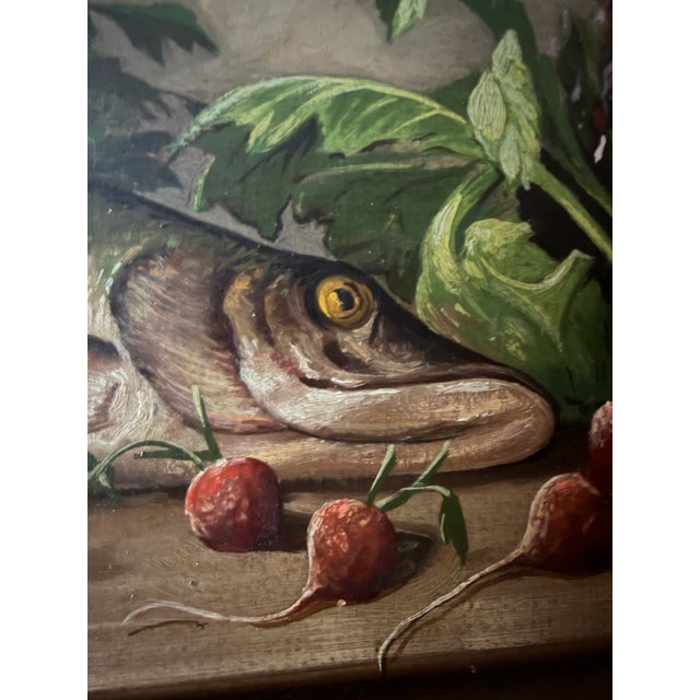 Rustic 1918 Rectangular Landscape Signed Rustic Still Life With Fish and Basket Oil Painting For Sale - Image 3 of 8