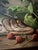 Rustic 1918 Rectangular Landscape Signed Rustic Still Life With Fish and Basket Oil Painting For Sale - Image 3 of 8