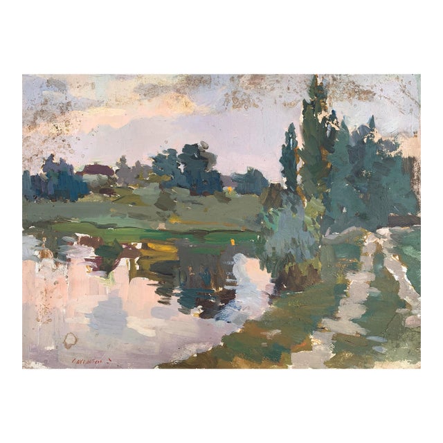 Impressionism River Landscape Oil Painting, Ukrainian Art, 1970s 46-62 For Sale