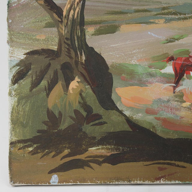 Textile Vintage Horseback Riders Landscape Painting With Tower and Village For Sale - Image 7 of 9