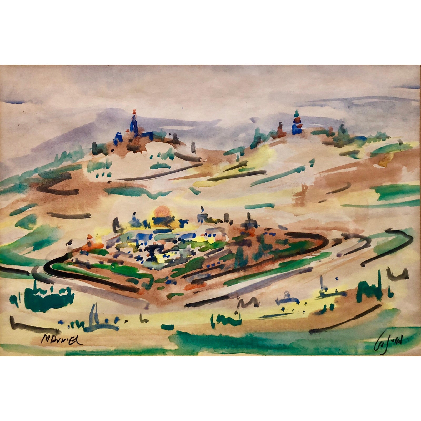 Mordechai Avniel, Israeli Modernist Watercolor Painting Jerusalem ...