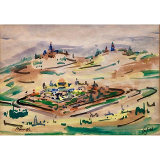 Mordechai Avniel, Israeli Modernist Watercolor Painting Jerusalem Landscape Bezalel School Avniel For Sale