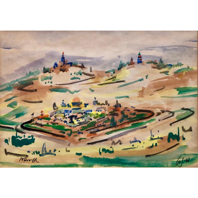 Mordechai Avniel, Israeli Modernist Watercolor Painting Jerusalem Landscape Bezalel School Avniel For Sale