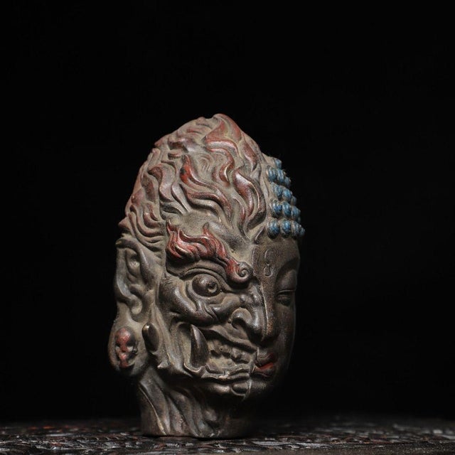 Metal Vintage Bronze Two-Faced Head Sculpture Buddhist Deity Altar Bust 5.9" For Sale - Image 7 of 9