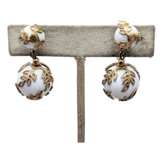 Vintage Early 1950s Signed Napier Goldtone White Resin Filigree Drop Clip Earrings-2 Pieces For Sale