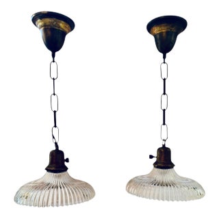 Rare Pair of Beaded and Ribbed Halophane Hanging Pendant Ceiling Lights Circa 1920’s For Sale