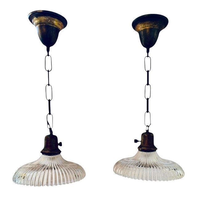 Rare Pair of Beaded and Ribbed Halophane Hanging Pendant Ceiling Lights Circa 1920’s For Sale