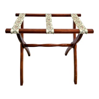 Vintage Scheibe Folding Wooden Luggage Rack With Floral Tapestry Straps For Sale