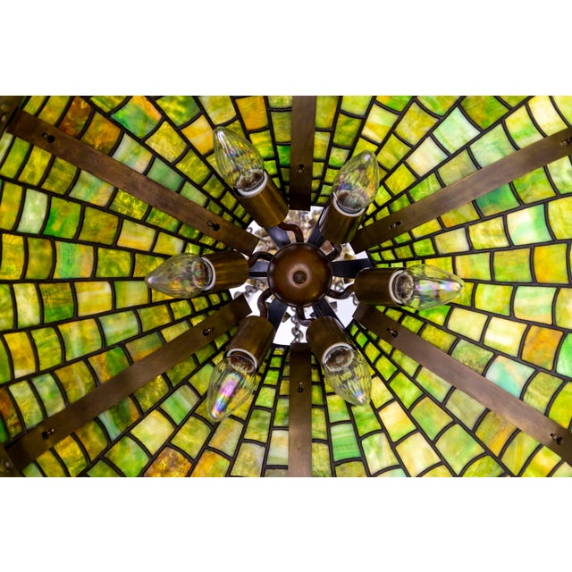 19th Century Victorian Art Nouveau Green Slag Glass & Brass Mascaron Pendant Light With Chain Fringe For Sale - Image 10 of 13