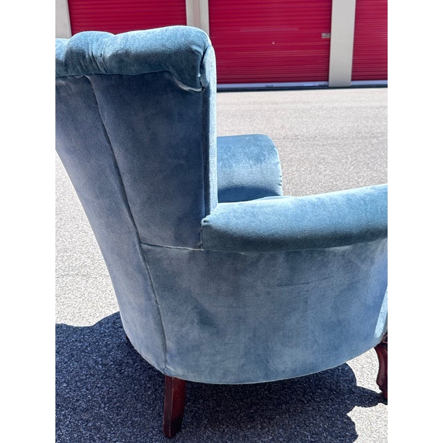 English Vintage Tufted Wingback Lounge Chair With Carved Mahogany Frame For Sale - Image 3 of 6