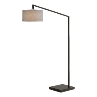 Stretch 75"h 1-Light Chairside Arc Lamp, Cashmere Gray Linen Shade & Body, Dimmable, for Living Room or Bedroom For Sale
