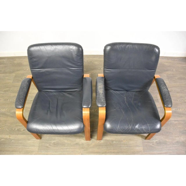 1970s Ekornes Blue Leather and Teak Lounge Chairs - a Pair For Sale - Image 5 of 9
