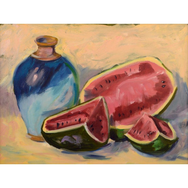 Fun and vibrant still-life of a watermelon and blue vase by Sally Minton (American, 20th Century). Unsigned. Gallery tag...
