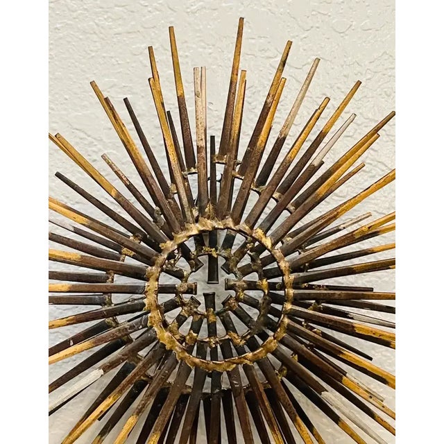 Mid 20th Century Diminutive Gilt Iron Two-Tier Sunburst Wall Sculpture by William Bowie For Sale In West Palm - Image 6 of 13