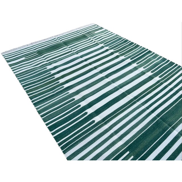 Textile Not Yet Made - Made To Order Handmade Cotton Natural Vegetable Dyed Reversible Forest Green White Striped Rug Dhurrie - 8'x10' For Sale - Image 7 of 11