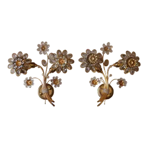 1960's Large Mid Century Modern 24k With Cut Crystal Floral Wall Sconces by Palwa a - Pair