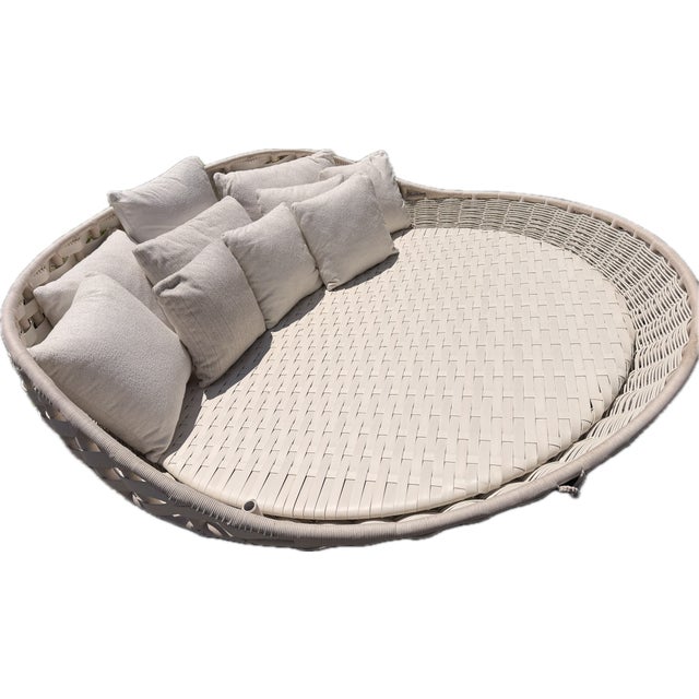 Modern Round Wicker Outdoor Patio Daybed With Sunbrella Pillows Dedon For Sale In New York - Image 6 of 12