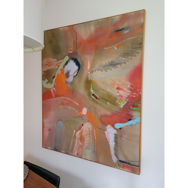 This vibrant abstract oil on canvas' fluidity and color story boasts an original energetic freshness.
