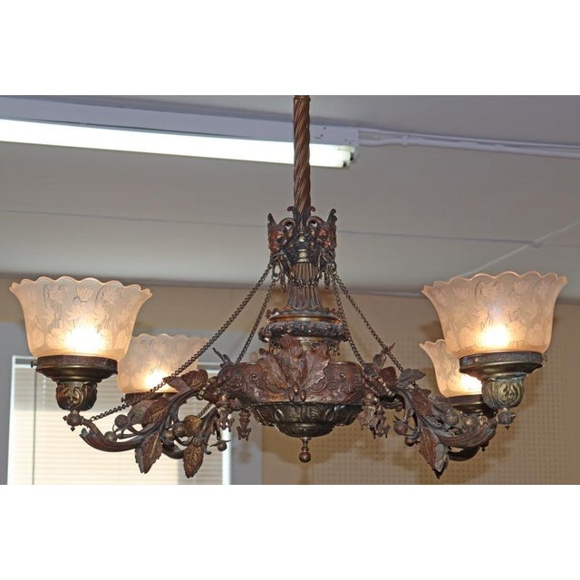 19th Century Bronze 4 Light Etched Glass Shade Gas Chandelier Gasolier For Sale - Image 11 of 18